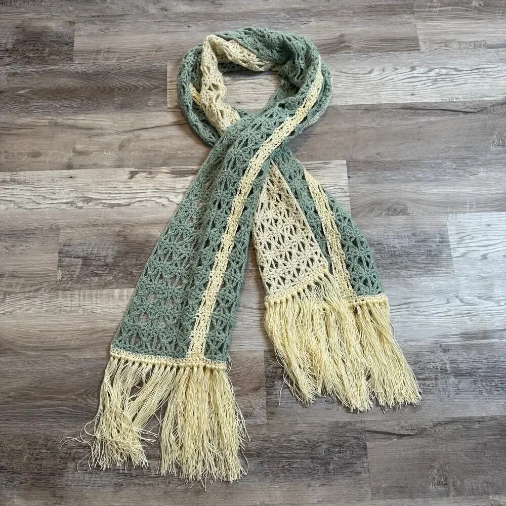 Handmade Crochet Scarf Sage Green Cream Fringe Boho Indie Long Wrap